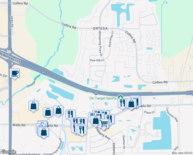 map of restaurants, bars, coffee shops, grocery stores, and more near 5610 Pinebay Circle South in Jacksonville