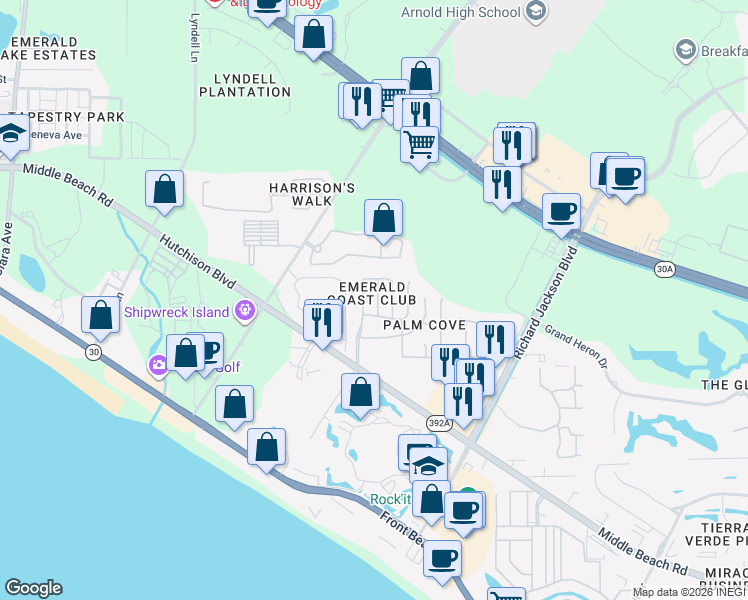 map of restaurants, bars, coffee shops, grocery stores, and more near 210 Emerald Coast Club Boulevard in Panama City Beach