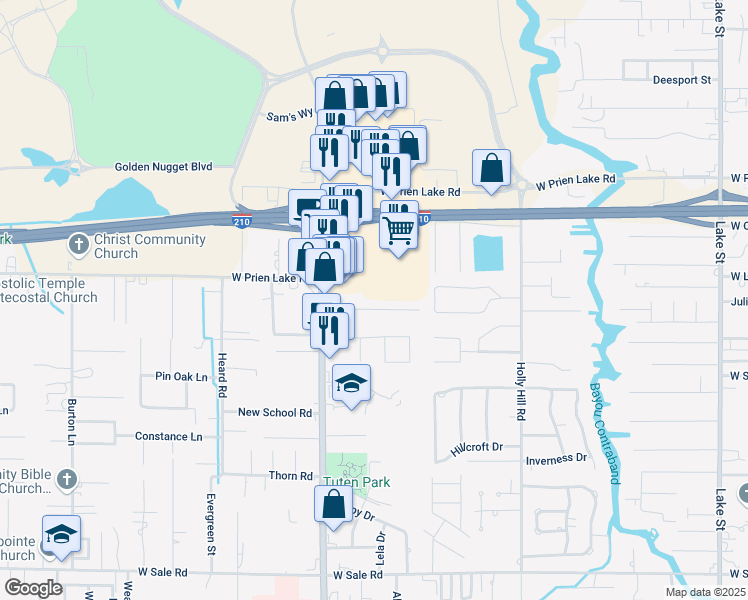 map of restaurants, bars, coffee shops, grocery stores, and more near 1700 Woodland Drive in Lake Charles