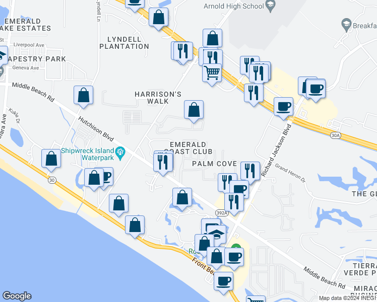 map of restaurants, bars, coffee shops, grocery stores, and more near 210 Emerald Coast Club Boulevard in Panama City Beach