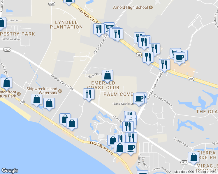 map of restaurants, bars, coffee shops, grocery stores, and more near 212 Seahorse Way in Panama City