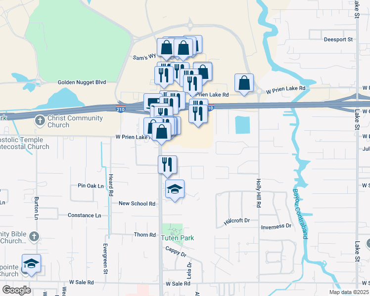 map of restaurants, bars, coffee shops, grocery stores, and more near 1700 Woodland Drive in Lake Charles