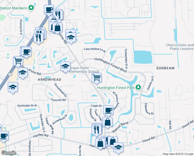 map of restaurants, bars, coffee shops, grocery stores, and more near 10153 Old Saint Augustine Road in Jacksonville