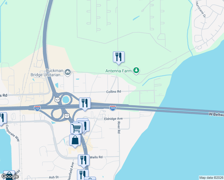 map of restaurants, bars, coffee shops, grocery stores, and more near 4108 Collins Road in Jacksonville