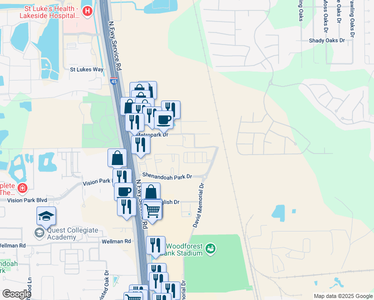 map of restaurants, bars, coffee shops, grocery stores, and more near 8787 Shenandoah Park Drive in Shenandoah