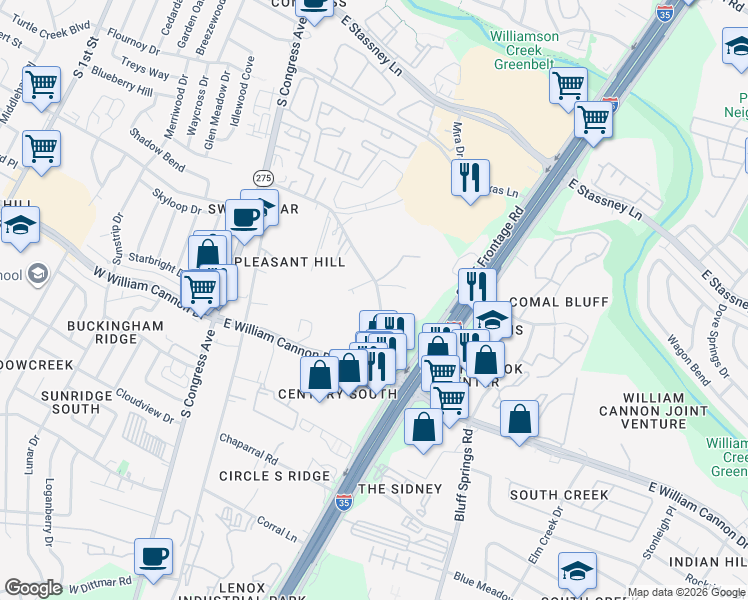 map of restaurants, bars, coffee shops, grocery stores, and more near 814 North Bluff Drive in Austin