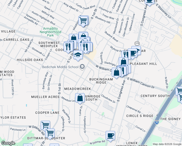 map of restaurants, bars, coffee shops, grocery stores, and more near 6805 Shadywood Drive in Austin