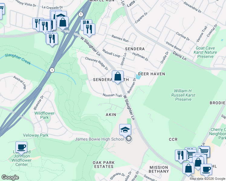 map of restaurants, bars, coffee shops, grocery stores, and more near 4409 Chickasaw Court in Austin