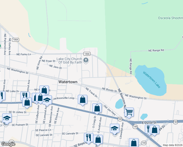 map of restaurants, bars, coffee shops, grocery stores, and more near 119 Northeast Fudge Road in Lake City