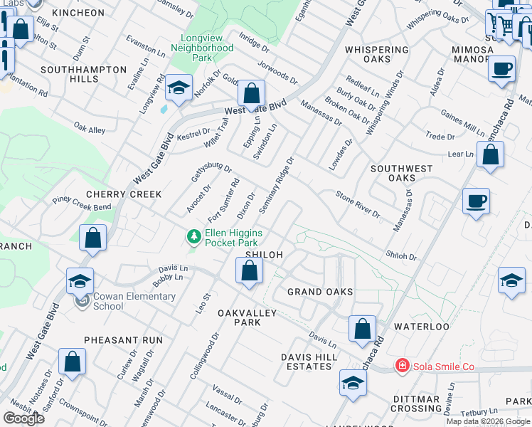 map of restaurants, bars, coffee shops, grocery stores, and more near 8401 Seminary Ridge Drive in Austin