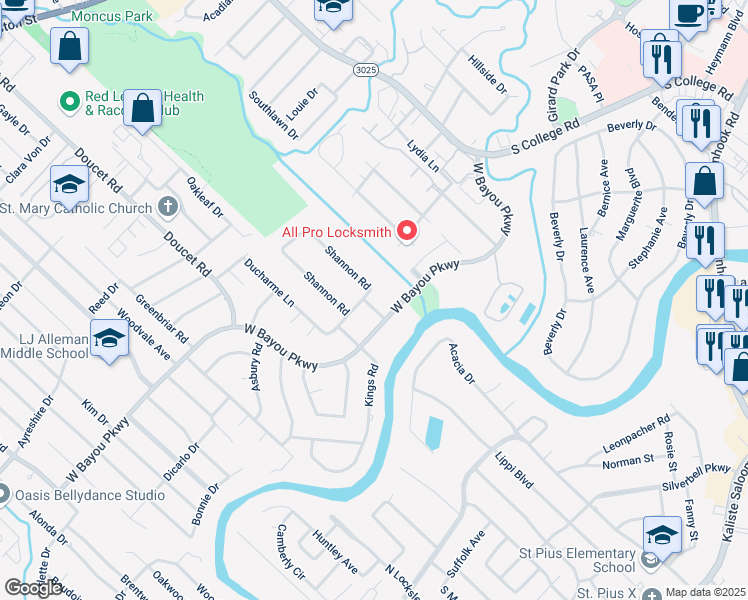 map of restaurants, bars, coffee shops, grocery stores, and more near 157 Shannon Road in Lafayette