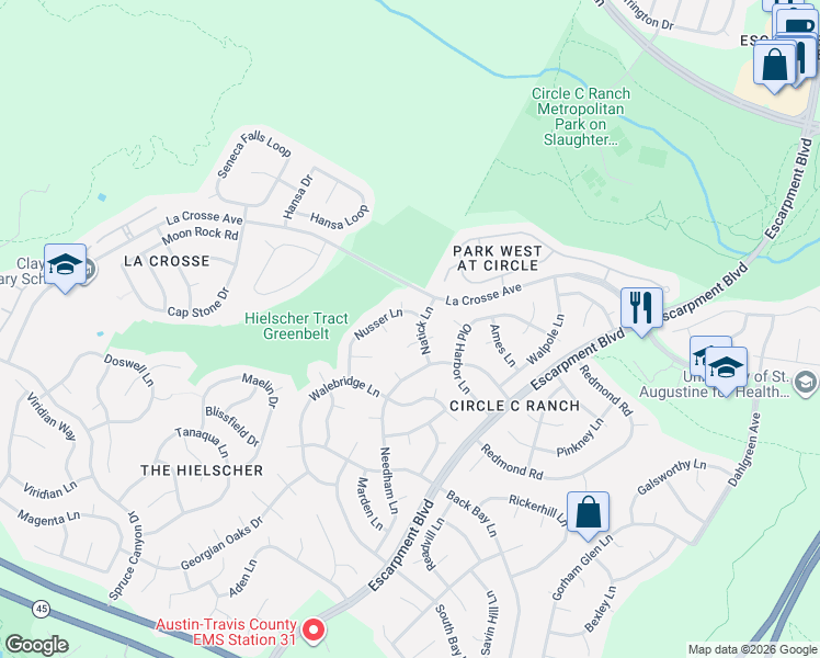 map of restaurants, bars, coffee shops, grocery stores, and more near 10708 Natick Lane in Austin