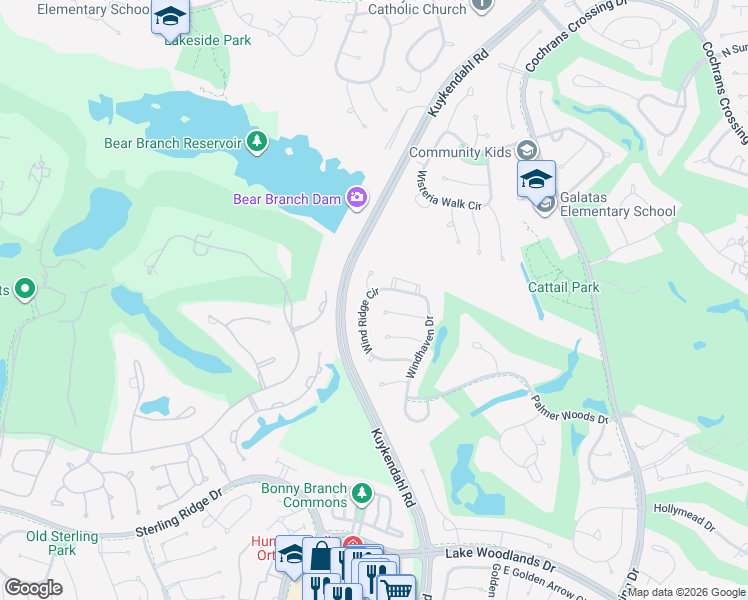 map of restaurants, bars, coffee shops, grocery stores, and more near 95 Wind Ridge Circle in Spring