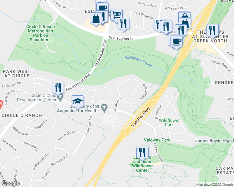 map of restaurants, bars, coffee shops, grocery stores, and more near 5430 Austral Loop in Austin
