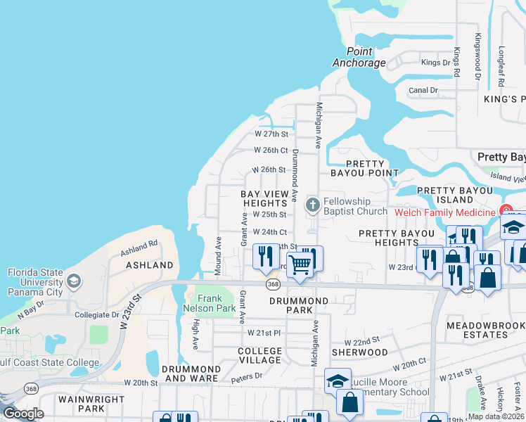 map of restaurants, bars, coffee shops, grocery stores, and more near 3911 West 25th Street in Panama City