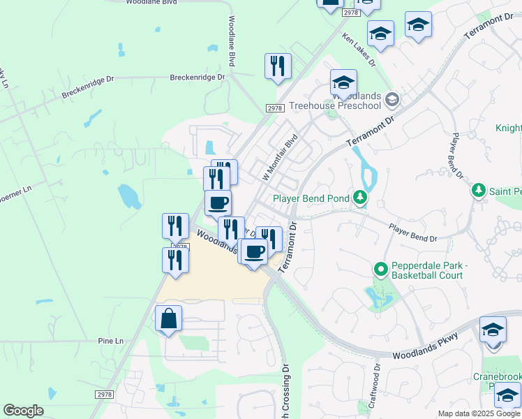 map of restaurants, bars, coffee shops, grocery stores, and more near 15 Pine Needle Place in The Woodlands