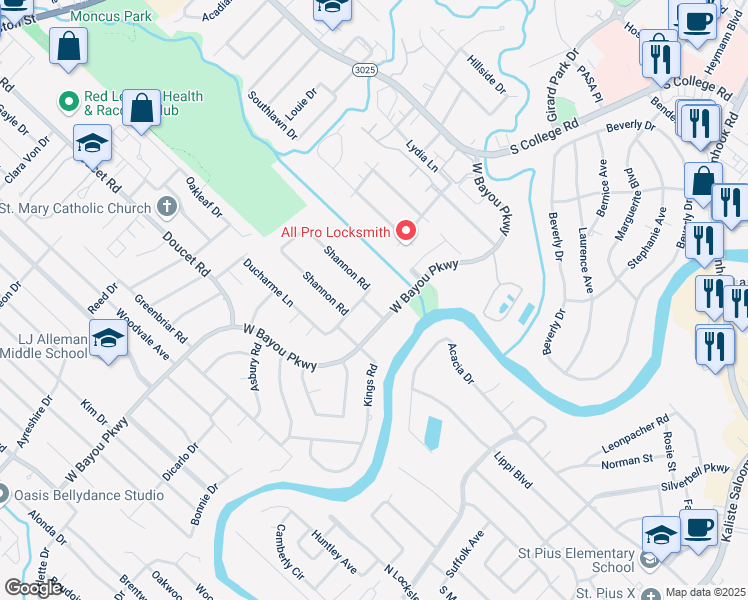 map of restaurants, bars, coffee shops, grocery stores, and more near 157 Shannon Road in Lafayette