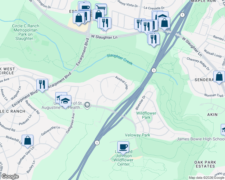 map of restaurants, bars, coffee shops, grocery stores, and more near 10018 Estancia Lane in Austin