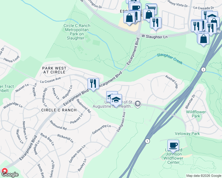 map of restaurants, bars, coffee shops, grocery stores, and more near 10305 Van Winkle Court in Austin
