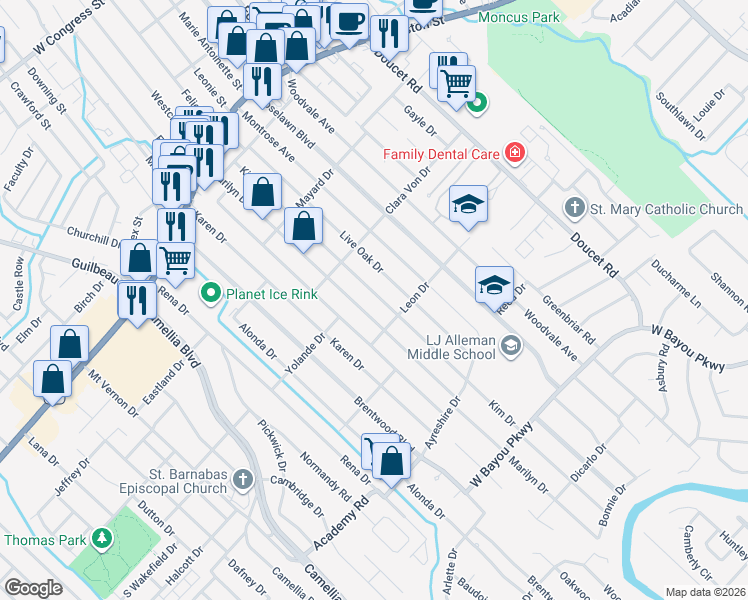 map of restaurants, bars, coffee shops, grocery stores, and more near 312 Kim Drive in Lafayette