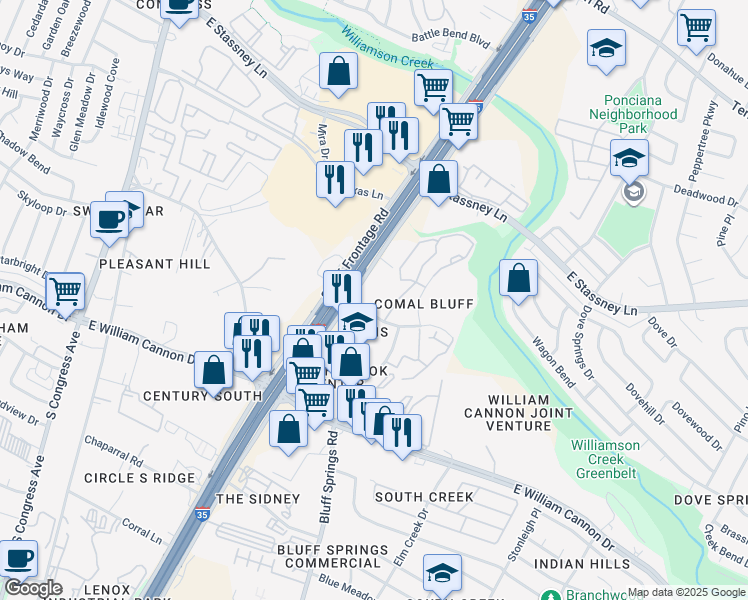 map of restaurants, bars, coffee shops, grocery stores, and more near 6201 South Interstate 35 Frontage Road in Austin