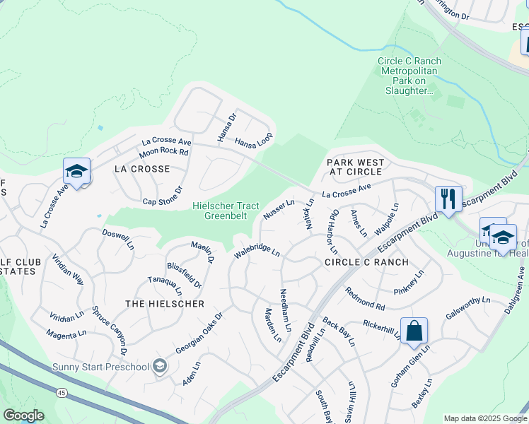 map of restaurants, bars, coffee shops, grocery stores, and more near 6516 Nusser Lane in Austin