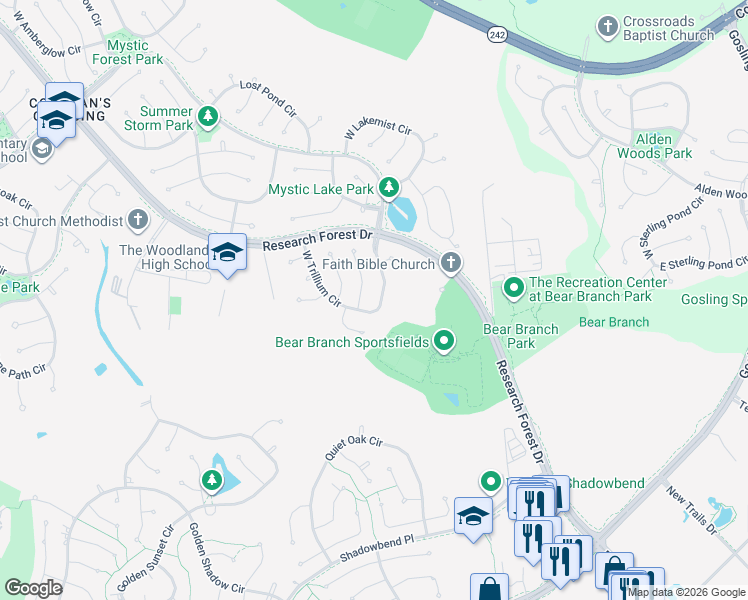 map of restaurants, bars, coffee shops, grocery stores, and more near 2 Sweetdream Place in Spring