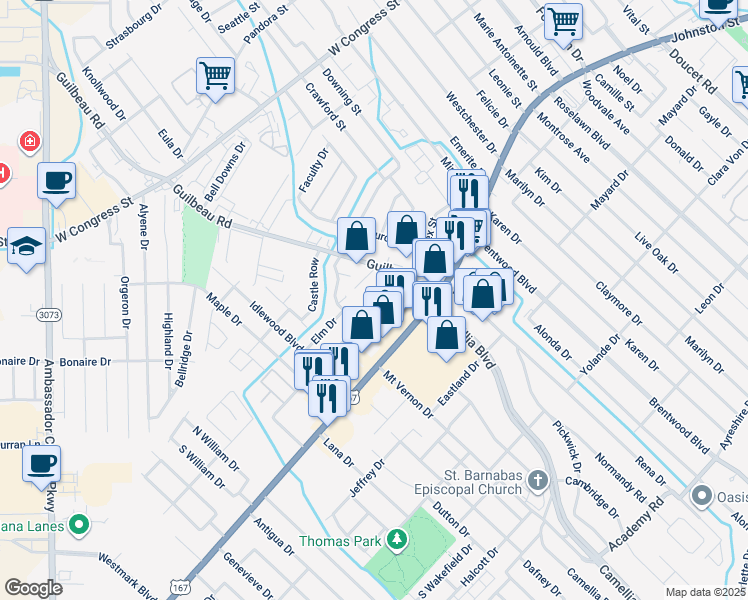 map of restaurants, bars, coffee shops, grocery stores, and more near 101-199 Birch Drive in Lafayette