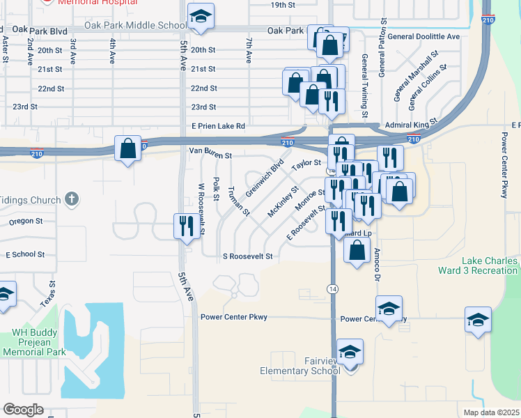 map of restaurants, bars, coffee shops, grocery stores, and more near 3562 McKinley Street in Lake Charles