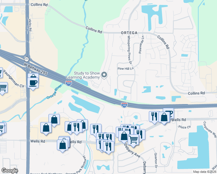 map of restaurants, bars, coffee shops, grocery stores, and more near 8506 English Oak Drive in Jacksonville