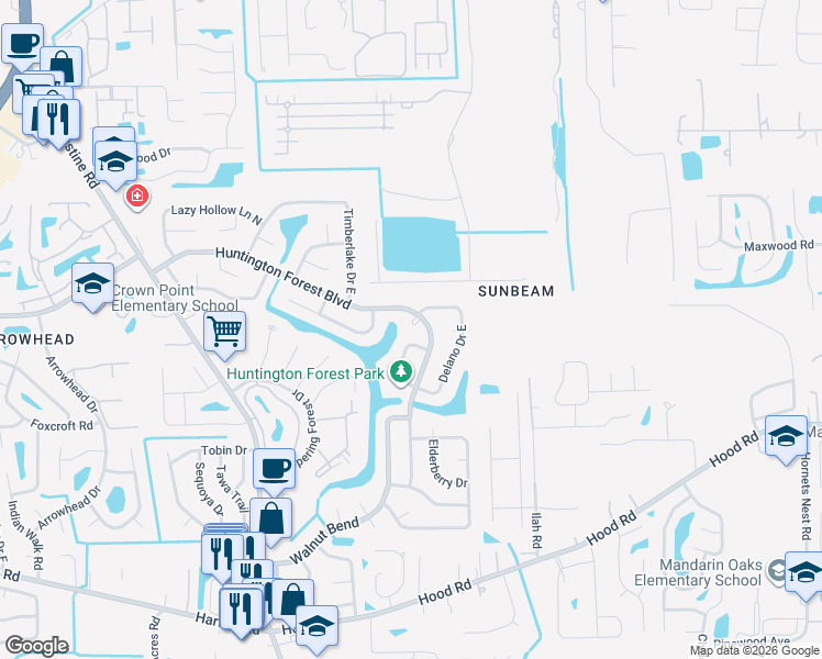 map of restaurants, bars, coffee shops, grocery stores, and more near 10038 Huntington Forest Boulevard East in Jacksonville
