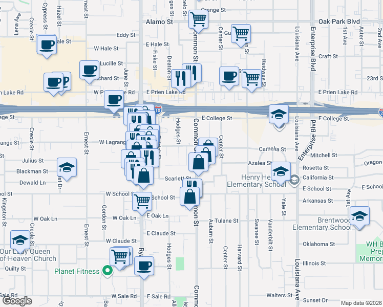 map of restaurants, bars, coffee shops, grocery stores, and more near 3514 Common Street in Lake Charles