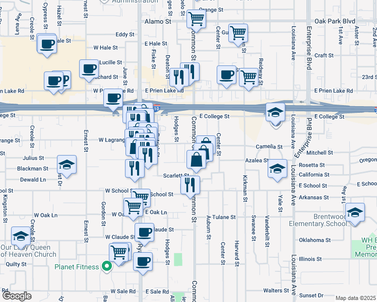 map of restaurants, bars, coffee shops, grocery stores, and more near 3514 Common Street in Lake Charles