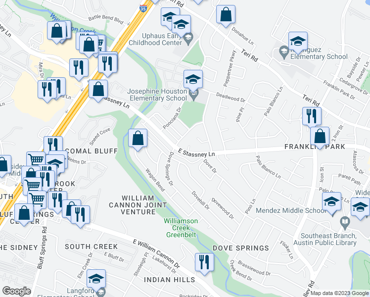 map of restaurants, bars, coffee shops, grocery stores, and more near 2203 East Stassney Lane in Austin