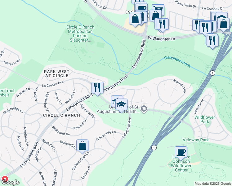 map of restaurants, bars, coffee shops, grocery stores, and more near 10305 Van Winkle Court in Austin