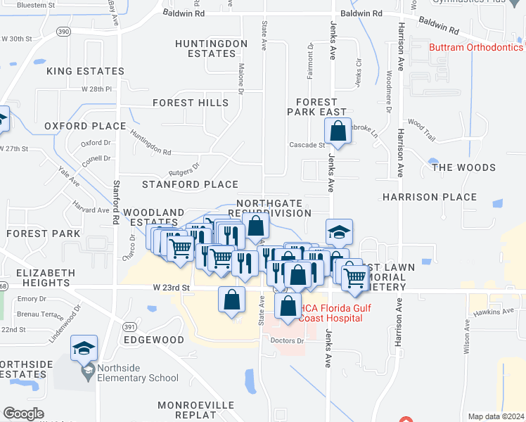 map of restaurants, bars, coffee shops, grocery stores, and more near 2510 State Avenue in Panama City