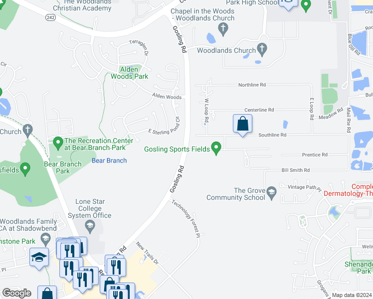 map of restaurants, bars, coffee shops, grocery stores, and more near 7576 Gosling Road in Spring