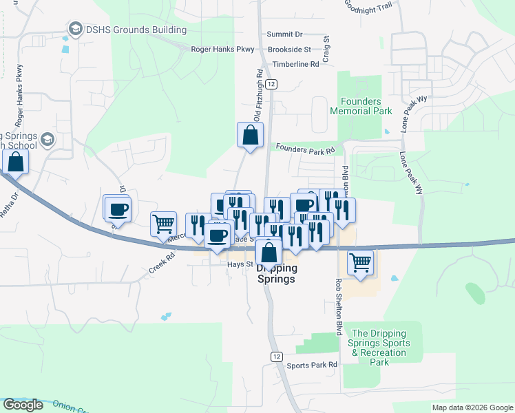 map of restaurants, bars, coffee shops, grocery stores, and more near 26465 Ranch Road 12 in Dripping Springs