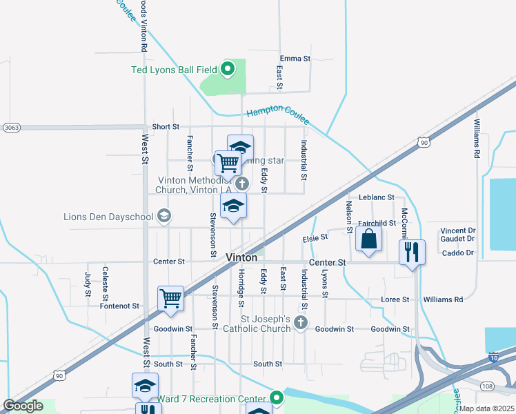map of restaurants, bars, coffee shops, grocery stores, and more near 1118 Eddy Street in Vinton
