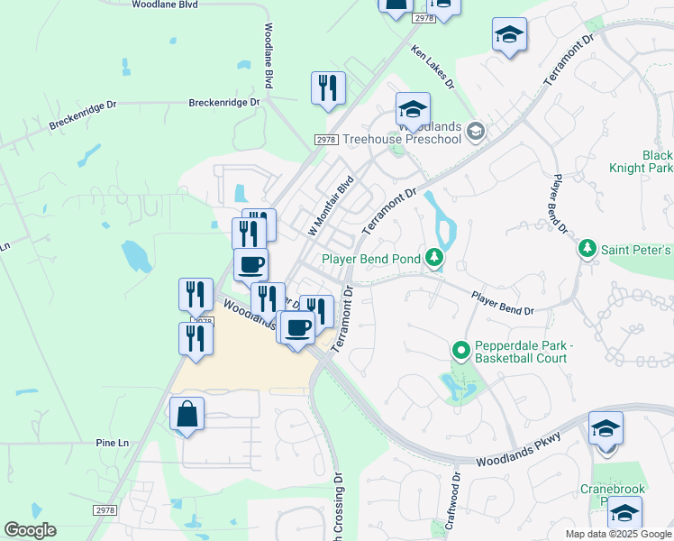 map of restaurants, bars, coffee shops, grocery stores, and more near 15 Avenswood Place in Spring