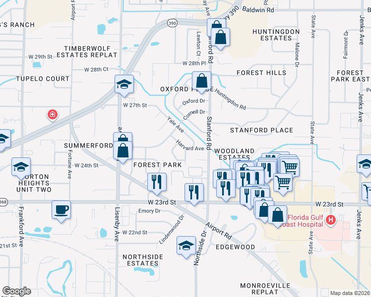 map of restaurants, bars, coffee shops, grocery stores, and more near 2598 Clemson Drive in Panama City
