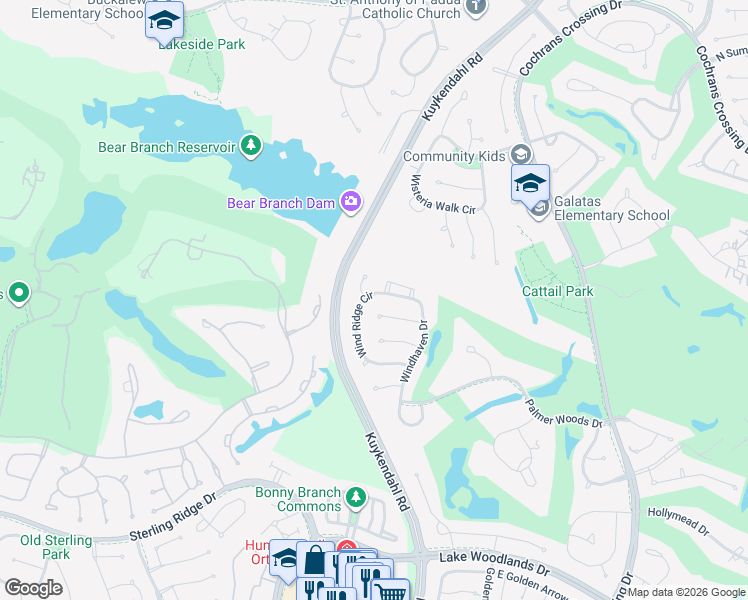 map of restaurants, bars, coffee shops, grocery stores, and more near 95 Wind Ridge Circle in Spring