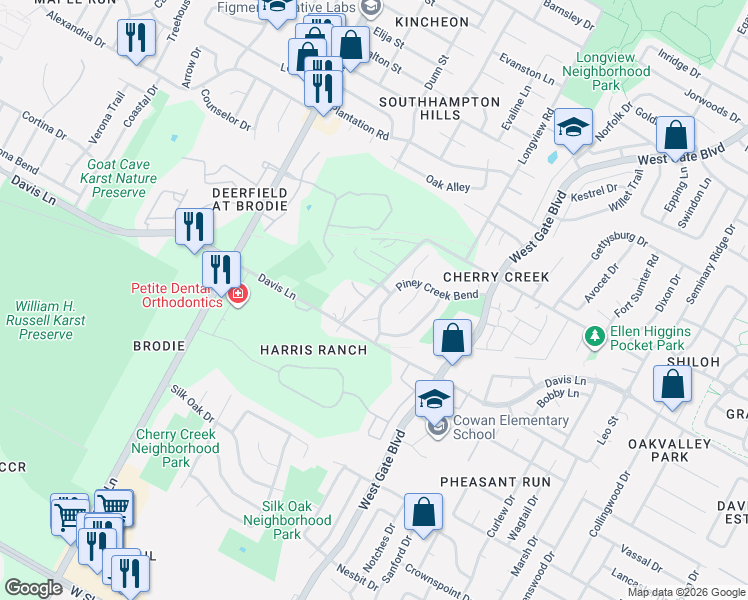 map of restaurants, bars, coffee shops, grocery stores, and more near 8710 Piney Creek Bend in Austin