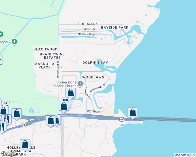 map of restaurants, bars, coffee shops, grocery stores, and more near 215 Greenwood Drive in Panama City Beach