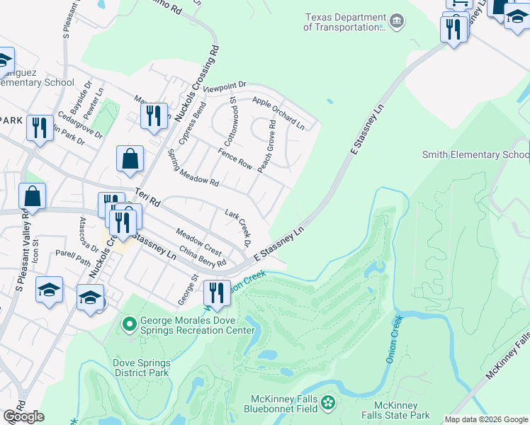 map of restaurants, bars, coffee shops, grocery stores, and more near 5810 Spring Meadow Road in Austin