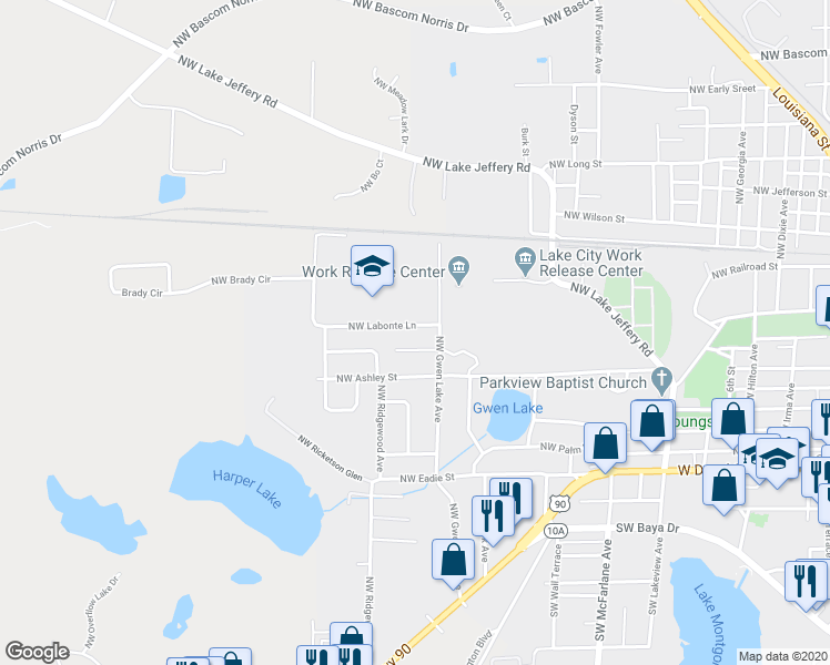 map of restaurants, bars, coffee shops, grocery stores, and more near 1234 Northwest Labonte Lane in Lake City