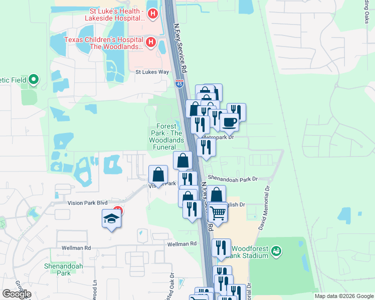 map of restaurants, bars, coffee shops, grocery stores, and more near 18200 North Freeway Service Road in Conroe