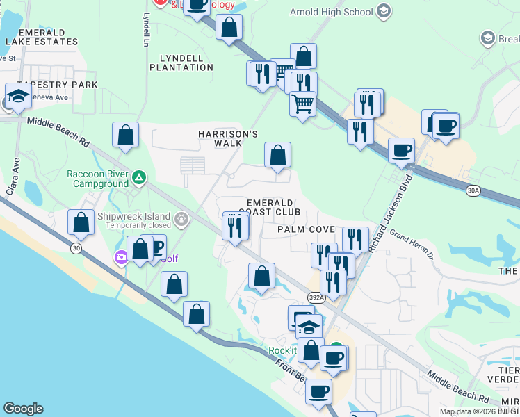 map of restaurants, bars, coffee shops, grocery stores, and more near 217 Emerald Coast Club Boulevard in Panama City Beach