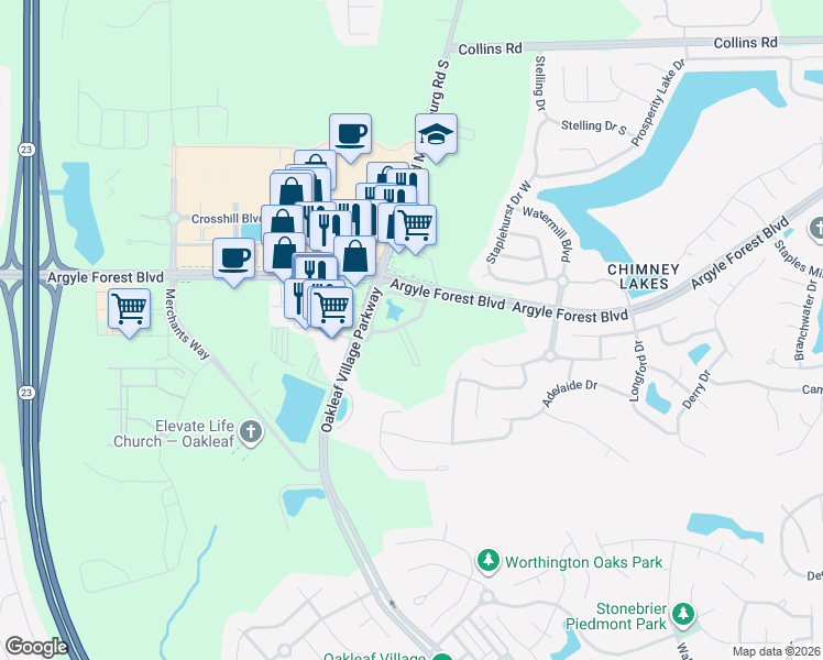 map of restaurants, bars, coffee shops, grocery stores, and more near 8678 Ribbon Falls Lane in Jacksonville