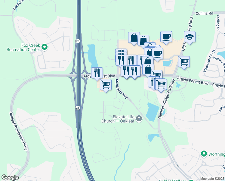 map of restaurants, bars, coffee shops, grocery stores, and more near 8380 Merchants Way in Jacksonville